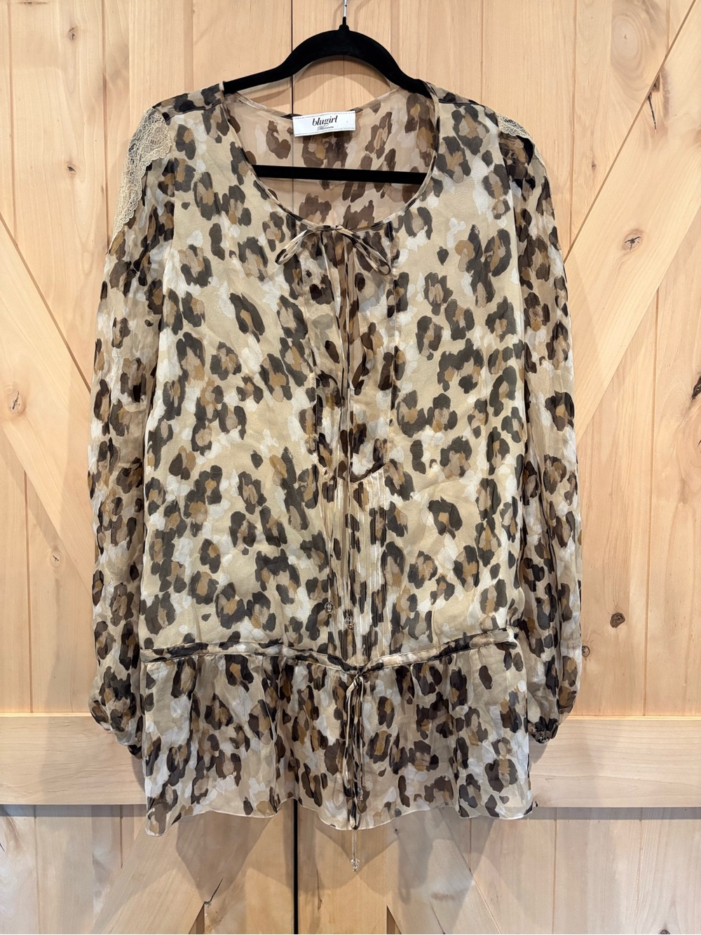 Blumarine Blugirl Leopard Print Tie-Neck Chiffon Silk Blouse — Beige/Brown-RARE
